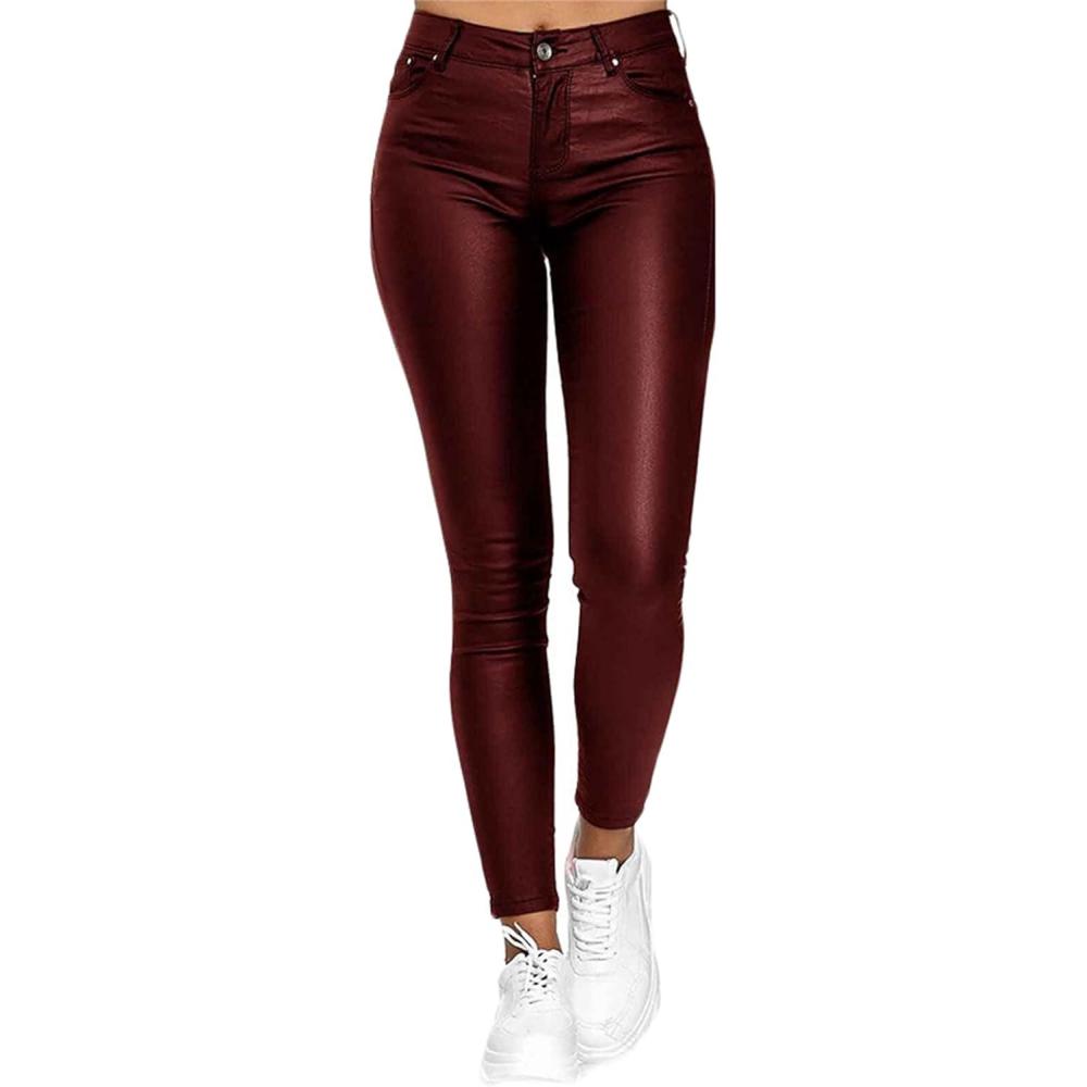 imageWomen Sexy Push Up Faux Leather Pants Stylish Skinny Slim Fit Leggings Wet Look Faux Leather LeggingsRed