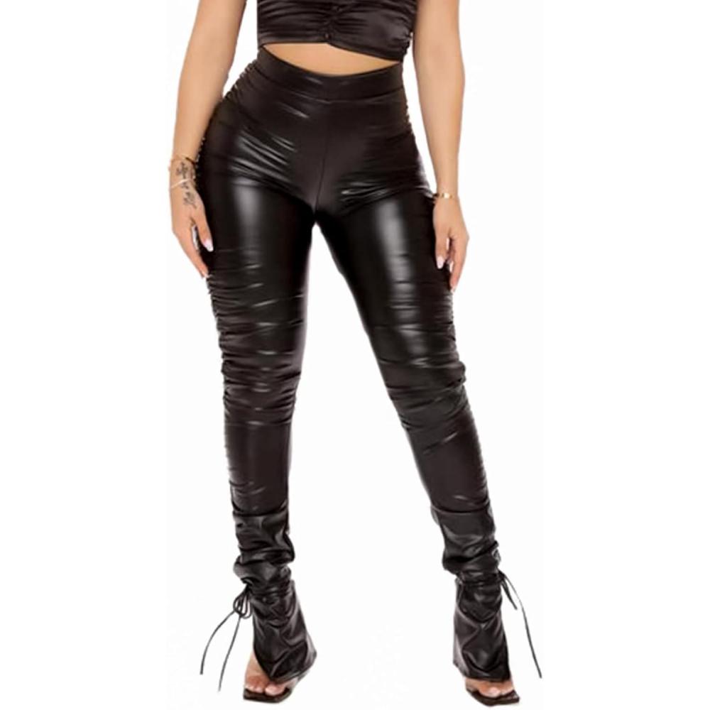 imageWomens Faux Leather Leggings Pants High Waisted Leather Tight Stacked Pants with SplitsBlack