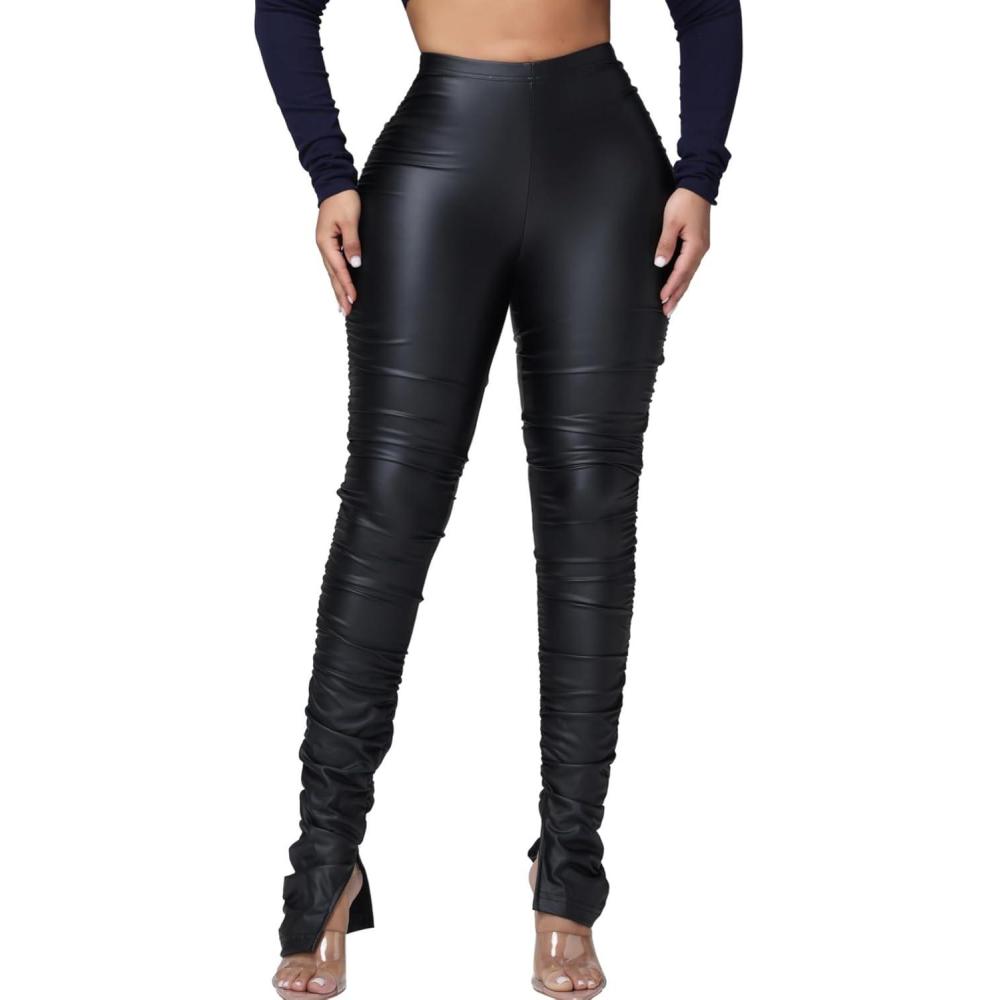 imageWomens Faux Leather Leggings Pants High Waisted Leather Tight Stacked Pants with SplitsDark Black
