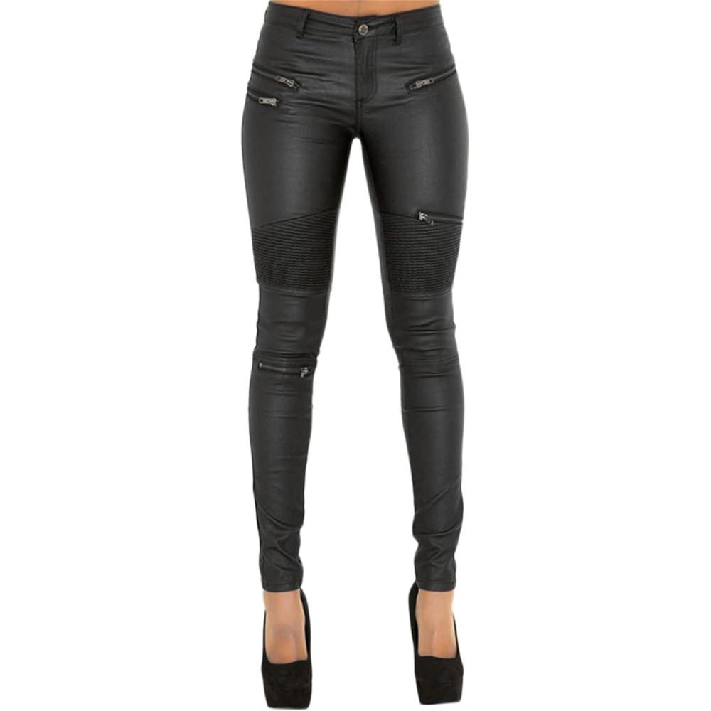 imageWomens Faux Leather Pants Rider Leggings PU Sexy Elastic Pant High Waisted Butt Lift Super Slim Wet Look Thin PencilBlack