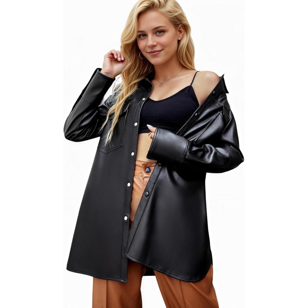 imageXULIKU Women Faux Leather Shacket JacketFall Spring Button Down Lapel Long Sleeve Shirts with PocketsBlack
