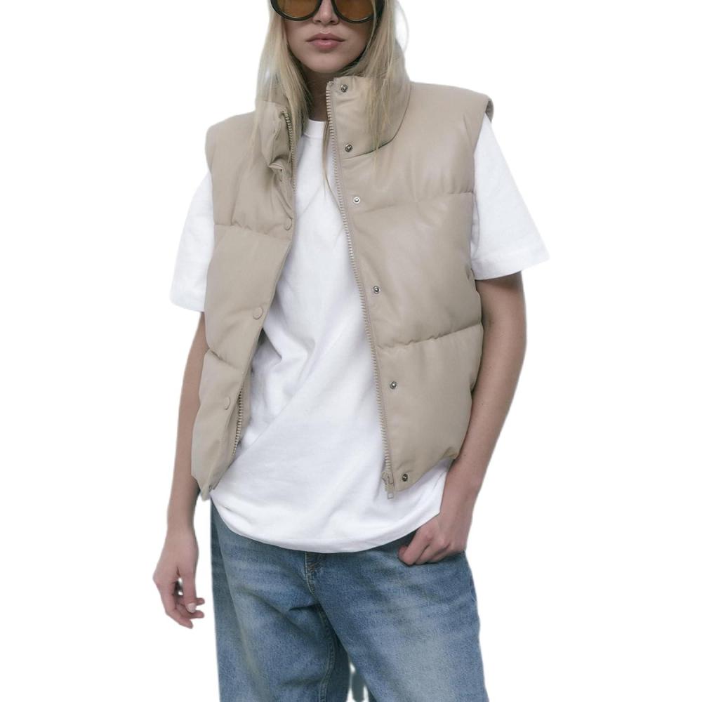 imageYidarer Womens Faux Leather Puffer Vest ZipUp Stand Collar Quilted Sleeveless Jacket Casual Fall Winter OuterwearBeige