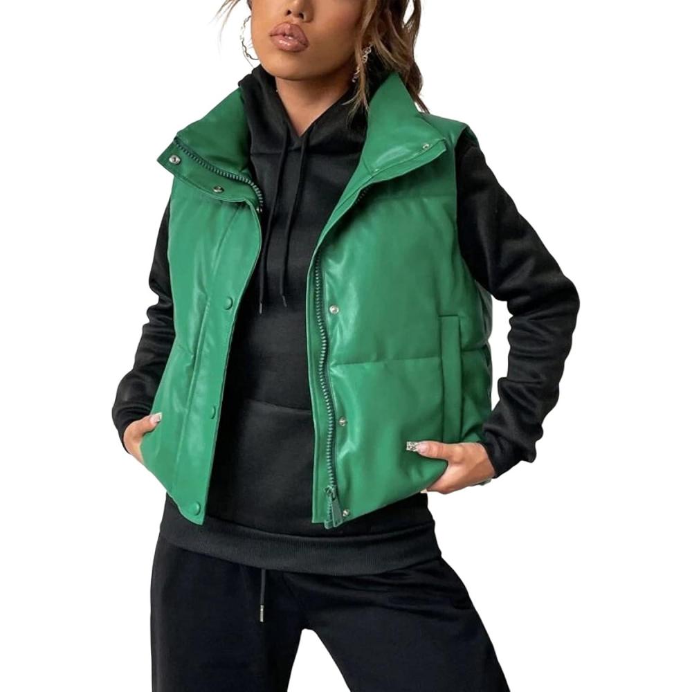 imageYidarer Womens Faux Leather Puffer Vest ZipUp Stand Collar Quilted Sleeveless Jacket Casual Fall Winter OuterwearGreen