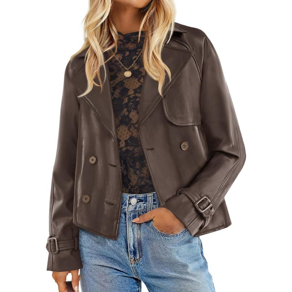 imageZESICA Womens Faux Leather Jackets Oversized Fall Fashion Button Motorcycle Coats Outwear 2026 Winter Outfits ClothesBrown