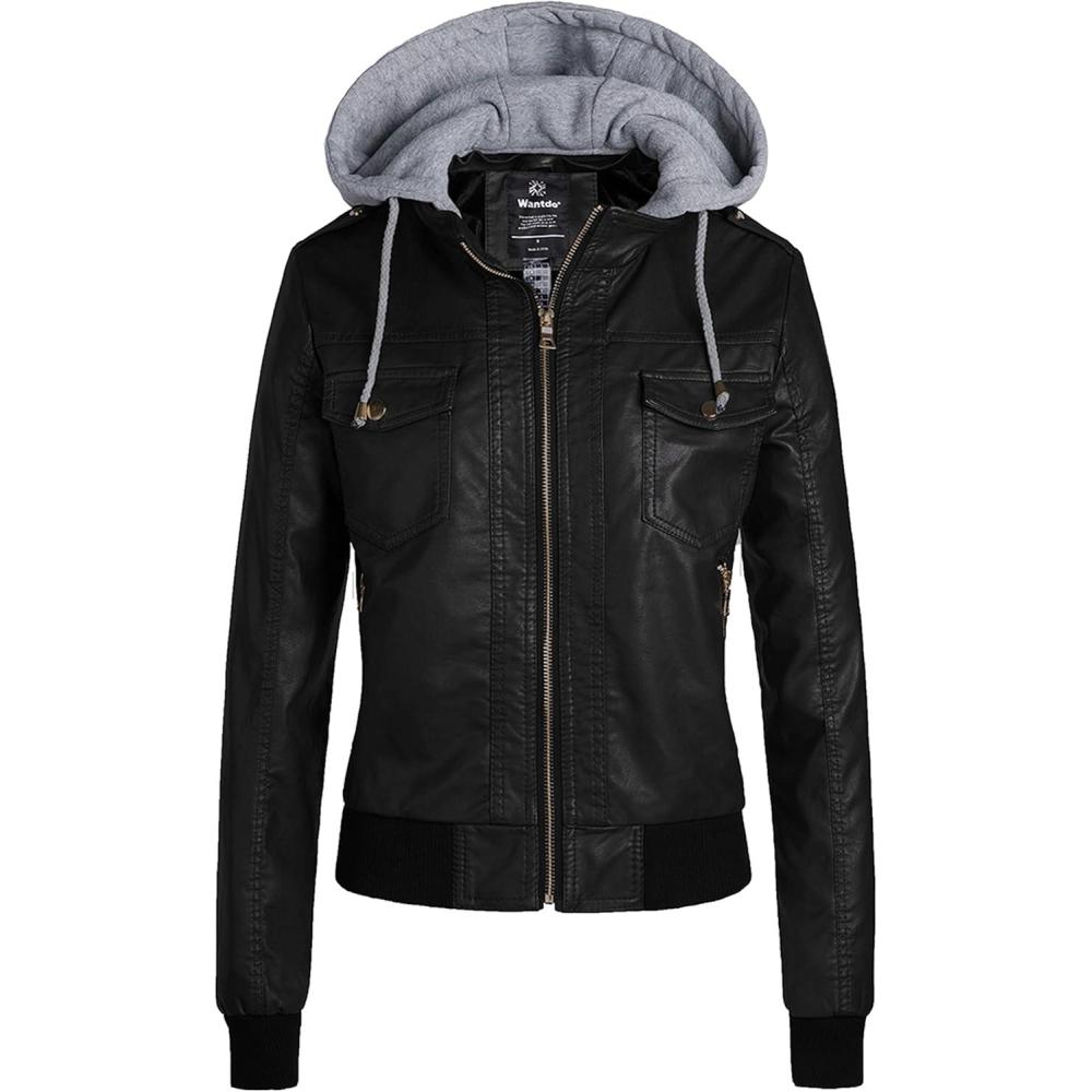 imagewantdo Womens Lightweight Leather Jacket Casual Motorcycle PU Biker Coat with Removable HoodBlacklightweight