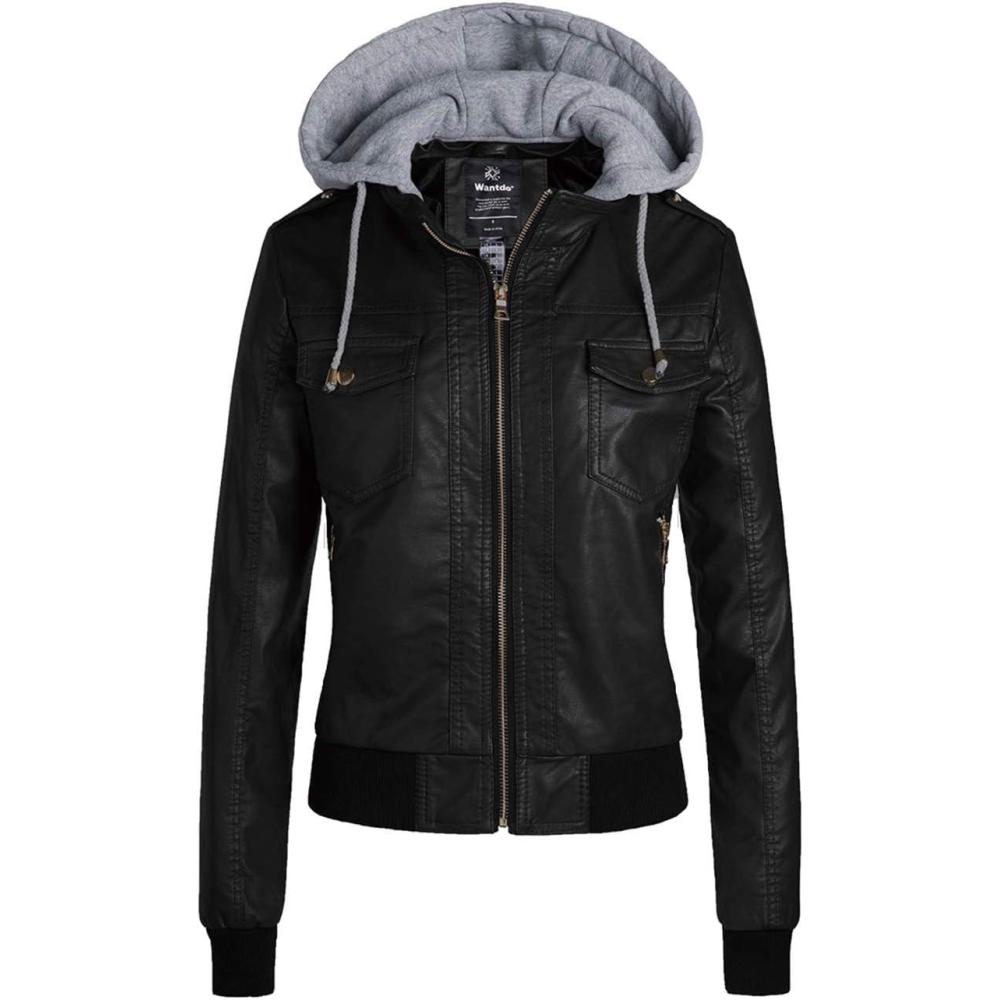 imagewantdo Womens Lightweight Leather Jacket Casual Motorcycle PU Biker Coat with Removable HoodBlackthick