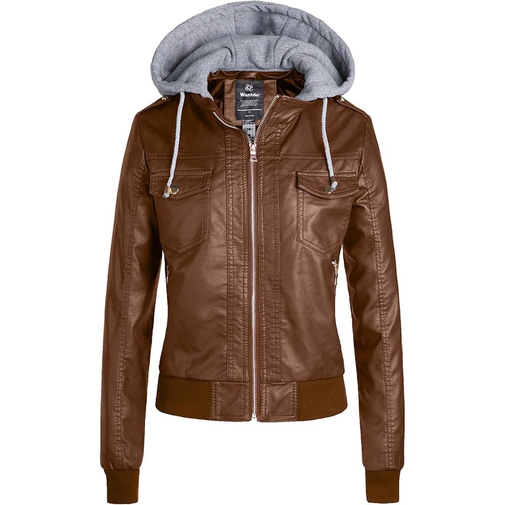 imagewantdo Womens Lightweight Leather Jacket Casual Motorcycle PU Biker Coat with Removable HoodBrownthick