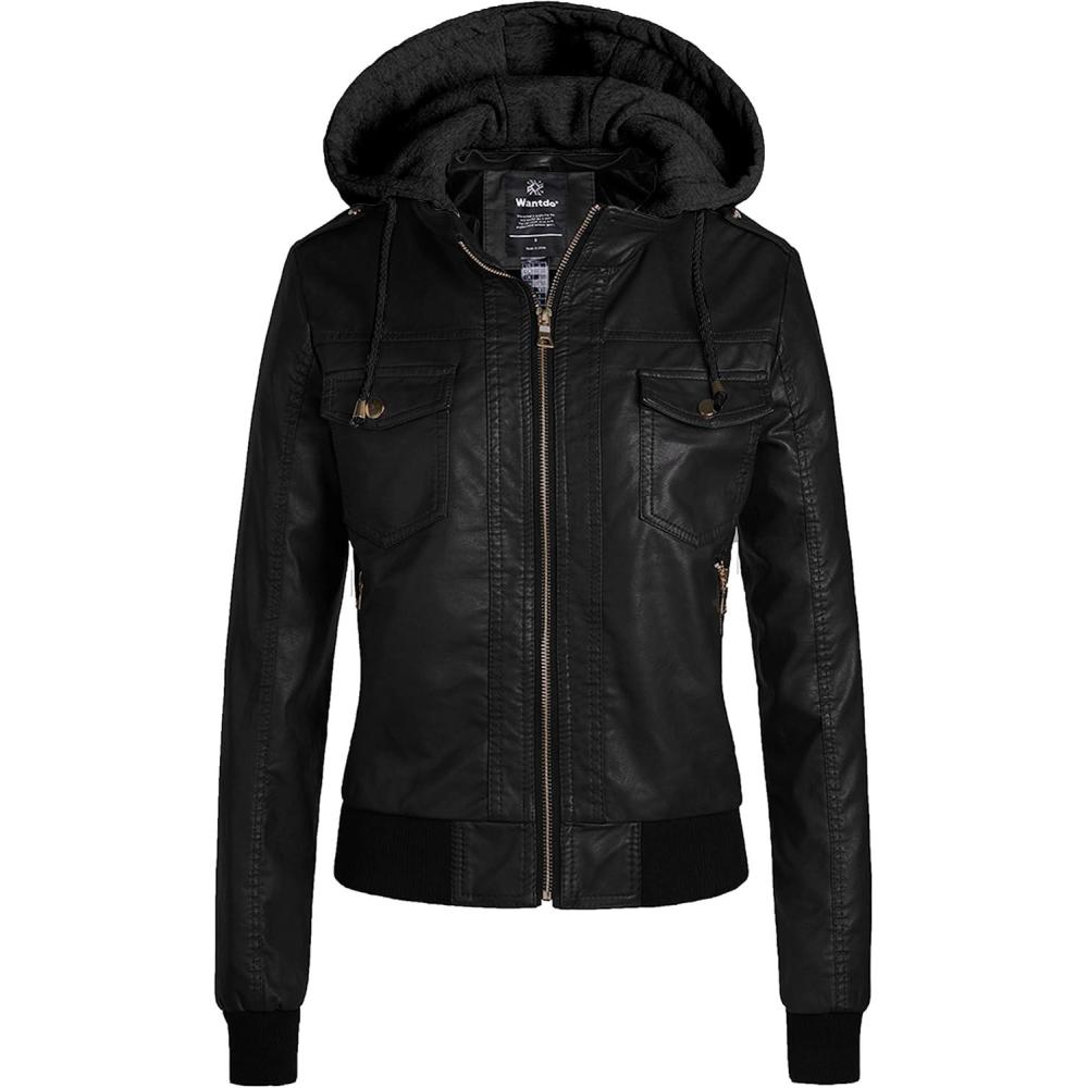 imagewantdo Womens Lightweight Leather Jacket Casual Motorcycle PU Biker Coat with Removable HoodPure Blackthick