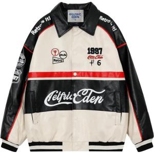 Aelfric Eden Faux Leather Racing Jacket Oversized Motorcycle Biker Racer Jackets Streetwear Unisex(Apricot)