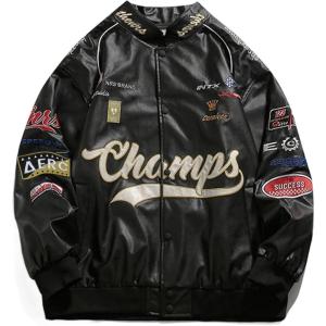 Aelfric Eden Faux Leather Racing Jacket Oversized Motorcycle Biker Racer Jackets Streetwear Unisex(Black)