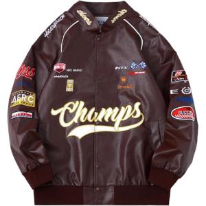 Aelfric Eden Faux Leather Racing Jacket Oversized Motorcycle Biker Racer Jackets Streetwear Unisex(Brown)