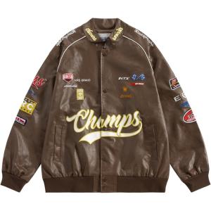 Aelfric Eden Faux Leather Racing Jacket Oversized Motorcycle Biker Racer Jackets Streetwear Unisex(Dark Brown)