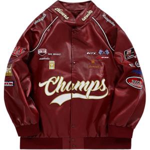 Aelfric Eden Faux Leather Racing Jacket Oversized Motorcycle Biker Racer Jackets Streetwear Unisex(Red)