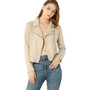 Allegra K Women’s Short Soft Zip Up Faux Suede Biker Moto Jacket(Beige)