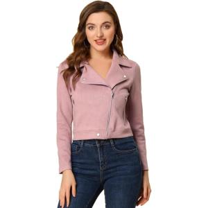 Allegra K Women’s Short Soft Zip Up Faux Suede Biker Moto Jacket(Dusty Pink)
