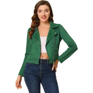 Allegra K Women’s Short Soft Zip Up Faux Suede Biker Moto Jacket(Green)