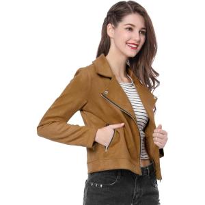 Allegra K Women’s Short Soft Zip Up Faux Suede Biker Moto Jacket(Khaki)