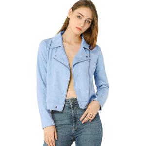 Allegra K Women’s Short Soft Zip Up Faux Suede Biker Moto Jacket(Light Blue)