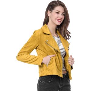 Allegra K Women’s Short Soft Zip Up Faux Suede Biker Moto Jacket(Mustard)