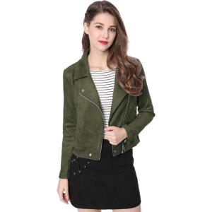 Allegra K Women’s Short Soft Zip Up Faux Suede Biker Moto Jacket(Olive Green)