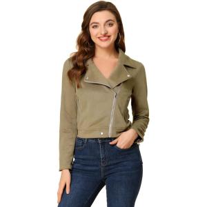 Allegra K Women’s Short Soft Zip Up Faux Suede Biker Moto Jacket(Pale Khaki)