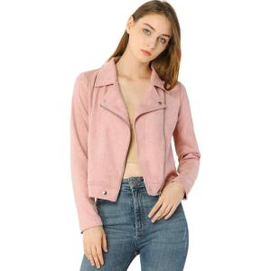 Allegra K Women’s Short Soft Zip Up Faux Suede Biker Moto Jacket(Pink)