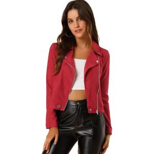 Allegra K Women’s Short Soft Zip Up Faux Suede Biker Moto Jacket(Red)