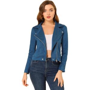 Allegra K Women’s Short Soft Zip Up Faux Suede Biker Moto Jacket(Royal Blue)