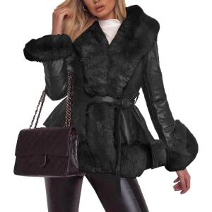 Aurgelmir Women’s Faux Leather Jacket Coat Short/Long Parka Coat with Fur Collar Outwear(Black)