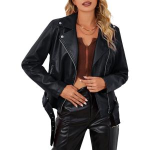 Bellivera Women’s Faux Leather Casual Jacket 2025 Spring Trendy Motorcycle Outfits Lightweight Classic Coat(Black With Belt)