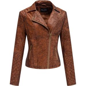 Bellivera Women’s Faux Leather Casual Jacket 2025 Spring Trendy Motorcycle Outfits Lightweight Classic Coat(Brown Retro)