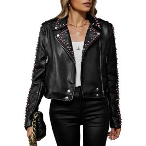 Bellivera Women’s Faux Leather Jacket Studded Rivet Casual Short Moto Biker Stand Collar Coat(Black)