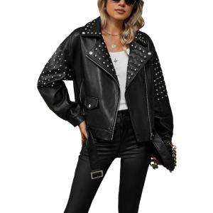 Bellivera Women’s Faux Leather Jacket Studded Rivet Casual Short Moto Biker Stand Collar Coat(Black Jacket With Belt)