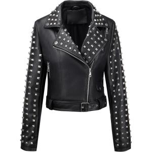 Bellivera Women’s Faux Leather Jacket Studded Rivet Casual Short Moto Biker Stand Collar Coat(Black Studded Jacket)