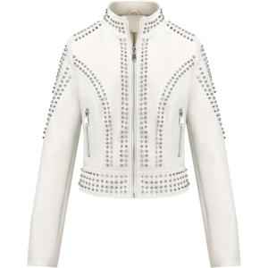 Bellivera Women’s Faux Leather Jacket Studded Rivet Casual Short Moto Biker Stand Collar Coat(Stand Collar White)