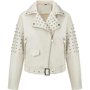 Bellivera Women’s Faux Leather Jacket Studded Rivet Casual Short Moto Biker Stand Collar Coat(White Jacket With Belt)