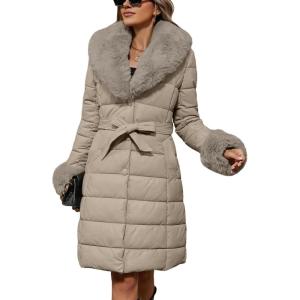 Bellivera Women’s Winter Puffer Jacket Cold-Resistant Patchwork Plush Lining Coat with Removable Fur Collar Hooded and Belted(Beige 13)