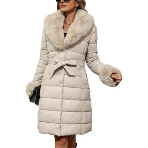 Bellivera Women’s Winter Puffer Jacket Cold-Resistant Patchwork Plush Lining Coat with Removable Fur Collar Hooded and Belted(Beigegrey13)