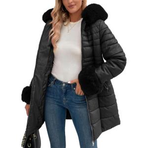 Bellivera Women’s Winter Puffer Jacket Cold-Resistant Patchwork Plush Lining Coat with Removable Fur Collar Hooded and Belted(Black Faux Fur Hooded)