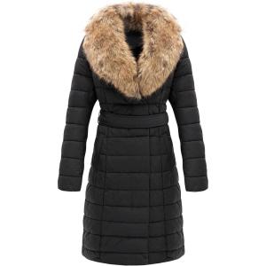 Bellivera Women’s Winter Puffer Jacket Cold-Resistant Patchwork Plush Lining Coat with Removable Fur Collar Hooded and Belted(Black Yellow)