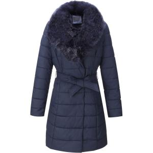 Bellivera Women’s Winter Puffer Jacket Cold-Resistant Patchwork Plush Lining Coat with Removable Fur Collar Hooded and Belted(Blue)