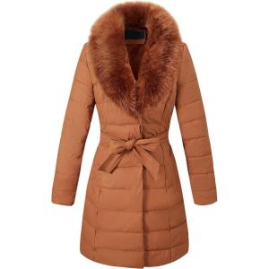 Bellivera Women’s Winter Puffer Jacket Cold-Resistant Patchwork Plush Lining Coat with Removable Fur Collar Hooded and Belted(Camel)