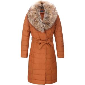 Bellivera Women’s Winter Puffer Jacket Cold-Resistant Patchwork Plush Lining Coat with Removable Fur Collar Hooded and Belted(Camel Yellow)