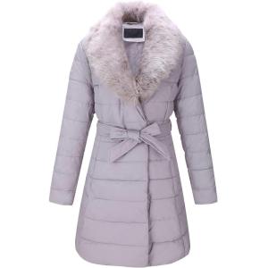 Bellivera Women’s Winter Puffer Jacket Cold-Resistant Patchwork Plush Lining Coat with Removable Fur Collar Hooded and Belted(Gray)