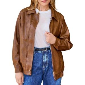 Bello Vita Women’s Plus Oversized Faux Leather Bomber Jacket, Street Style Casual Zip Up Coat – Size Runs Larger(Light Brown)