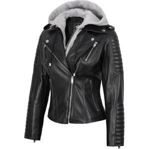 Blingsoul Leather Jacket Women – Real Lambskin Womens Leather Jackets With Detachable Hood(Bagheria – Black Jacket)