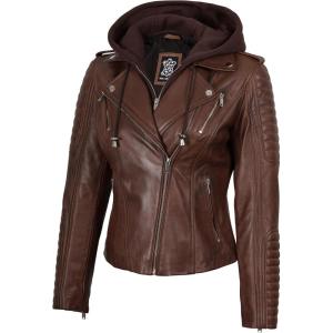 Blingsoul Leather Jacket Women – Real Lambskin Womens Leather Jackets With Detachable Hood(Bagheria – Cognac Jacket)