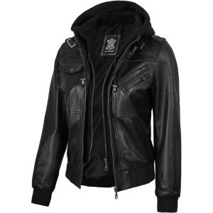 Blingsoul Leather Jacket Women – Real Lambskin Womens Leather Jackets With Detachable Hood(Edinburgh – Black Jacket)