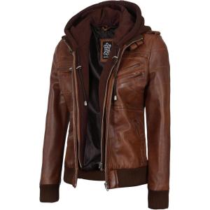 Blingsoul Leather Jacket Women – Real Lambskin Womens Leather Jackets With Detachable Hood(Edinburgh – Cognac Jacket)