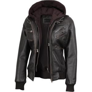 Blingsoul Leather Jacket Women – Real Lambskin Womens Leather Jackets With Detachable Hood(Edinburgh – Dark Brown Jacket)